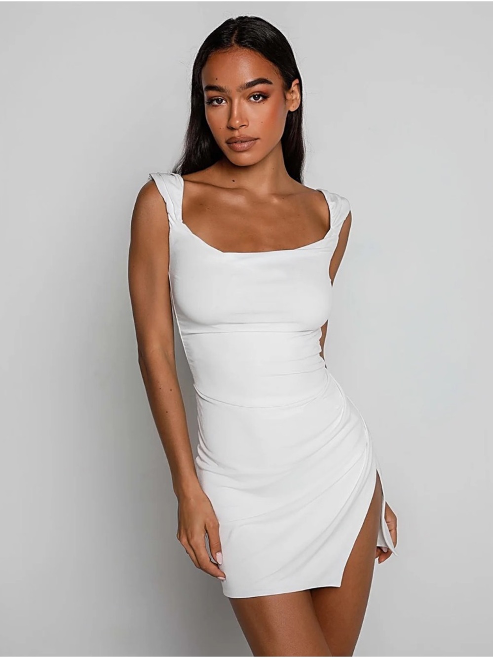 Tiger Mist White Square Neck Ruched Mini Dress